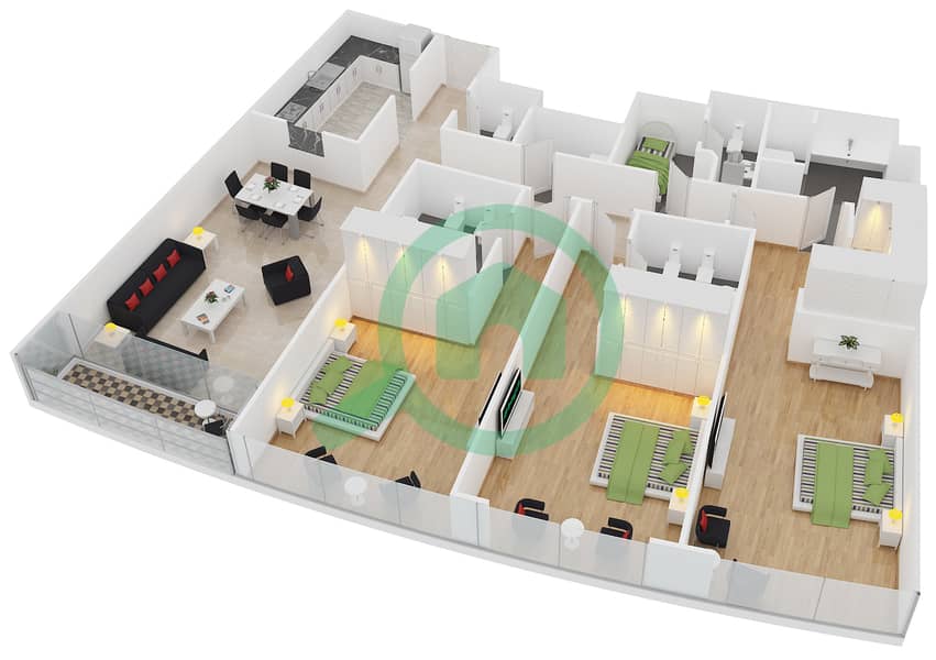 阿尔法坦海洋塔 - 3 卧室公寓类型A1戶型图 interactive3D