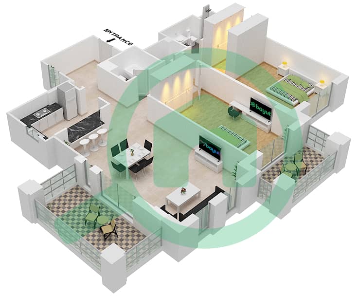 المخططات الطابقية لتصميم النموذج 1A2 / FLOOR 1-8 شقة 2 غرفة نوم - بناية أصايل 1 Floor 1-8 interactive3D
