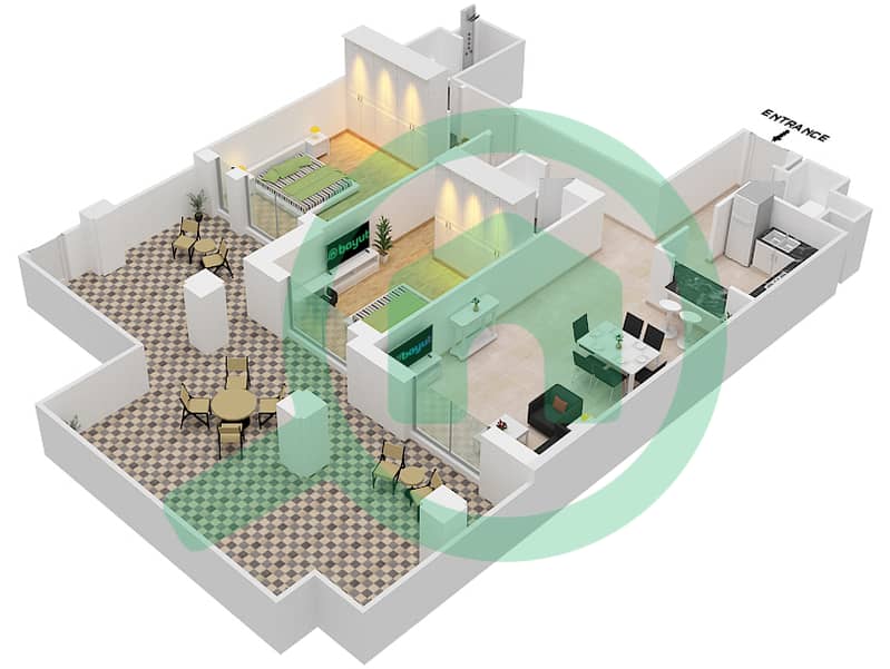 المخططات الطابقية لتصميم النموذج B1 (ASAYEL 1) شقة 2 غرفة نوم - أصايل Floor G interactive3D