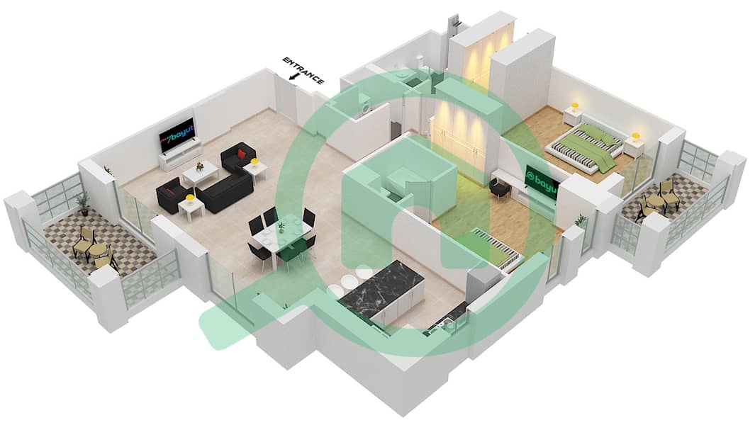 المخططات الطابقية لتصميم النموذج 1C (ASAYEL 1) شقة 2 غرفة نوم - أصايل Floor 1,2 interactive3D