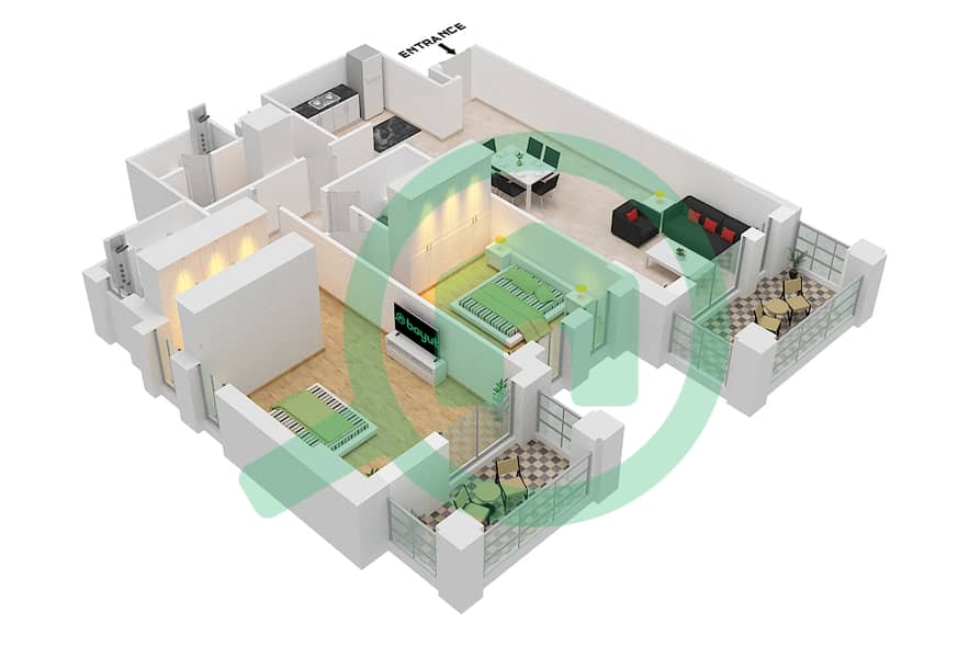 المخططات الطابقية لتصميم النموذج 1D (ASAYEL 1) شقة 2 غرفة نوم - أصايل Floor 1,2 interactive3D