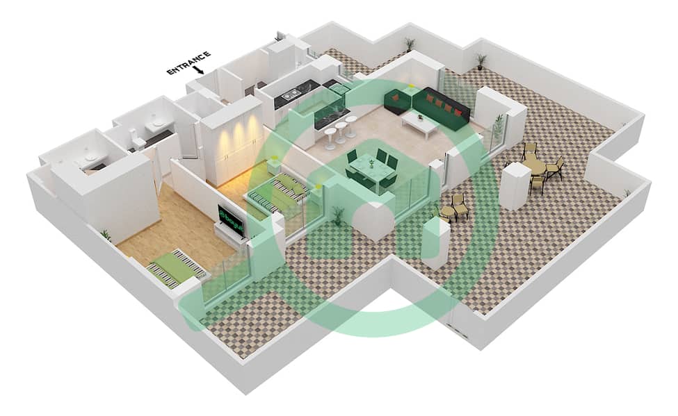 المخططات الطابقية لتصميم النموذج E (ASAYEL 1) شقة 2 غرفة نوم - أصايل Floor G interactive3D