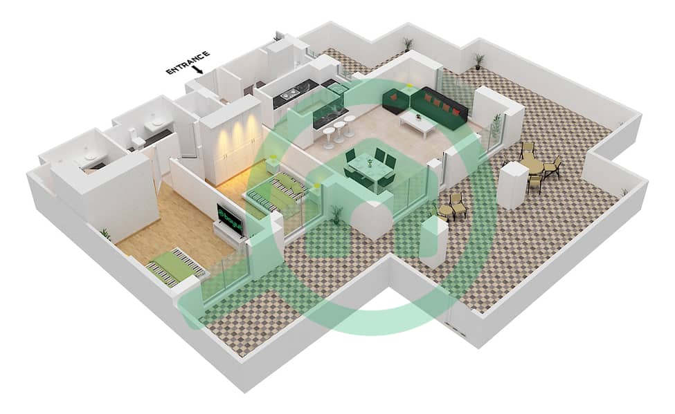 المخططات الطابقية لتصميم النموذج E / FLOOR G شقة 2 غرفة نوم - بناية أصايل 1 Floor G interactive3D