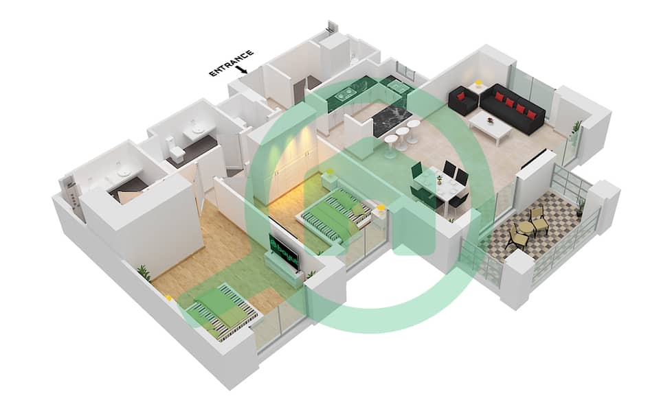 المخططات الطابقية لتصميم النموذج 1E / FLOOR 1-8 شقة 2 غرفة نوم - بناية أصايل 1 Floor 1-8 interactive3D