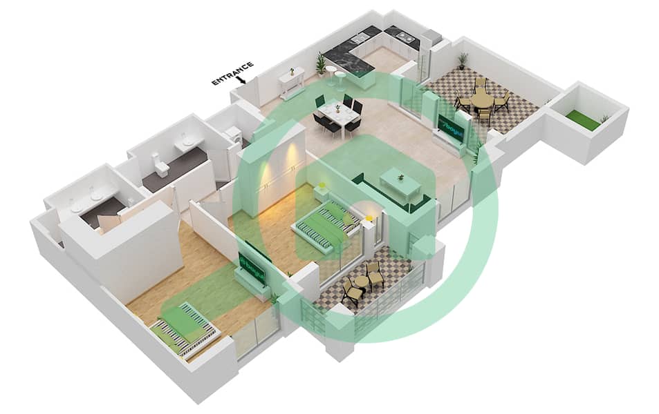 المخططات الطابقية لتصميم النموذج G, FLOOR 9 (ASAYEL 1) شقة 2 غرفة نوم - أصايل Floor 9 interactive3D