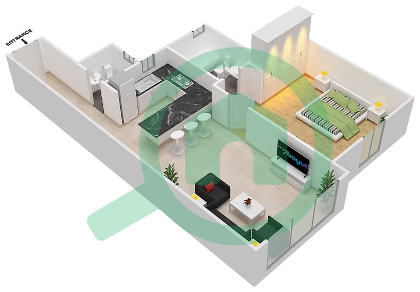 المخططات الطابقية لتصميم النموذج A شقة 1 غرفة نوم - مساكن القناه المائية غرب interactive3D