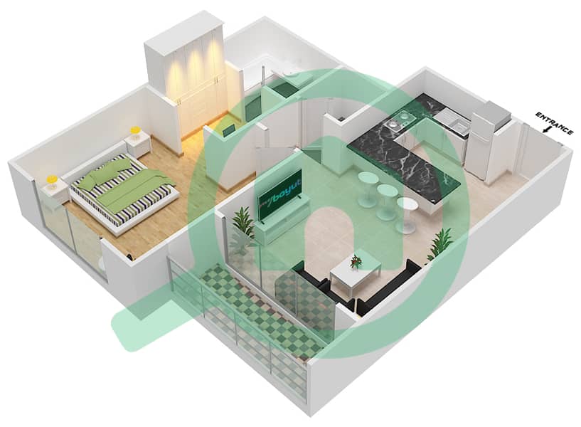 المخططات الطابقية لتصميم النموذج B شقة 1 غرفة نوم - مساكن القناه المائية غرب interactive3D