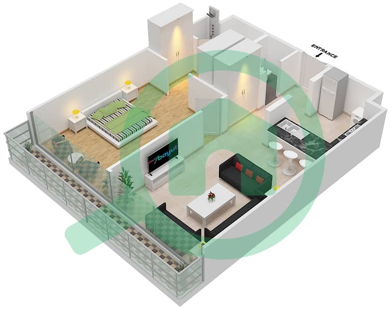 المخططات الطابقية لتصميم النموذج B FLOOR 1-4,6-14 شقة 1 غرفة نوم - سيفين بالم Floor Mezzanine, 1-4,6-14 interactive3D