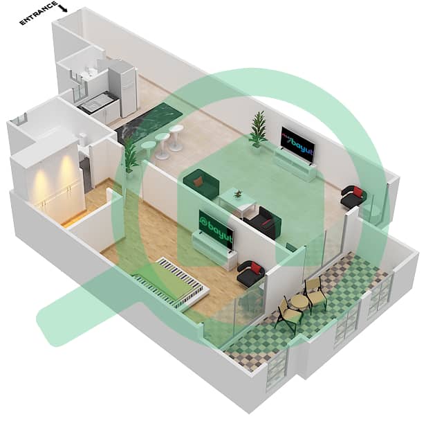 المخططات الطابقية لتصميم النموذج C شقة 1 غرفة نوم - مساكن القناه المائية غرب interactive3D