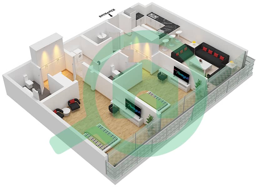 Севен Палм - Апартамент 2 Cпальни планировка Тип C FLOOR 1-4,6-14 Floor Mezzanine, 1-4,6-14 interactive3D