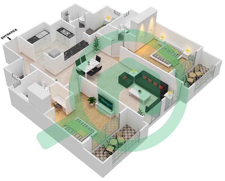 运河公寓西区 - 2 卧室公寓类型A1戶型图 interactive3D