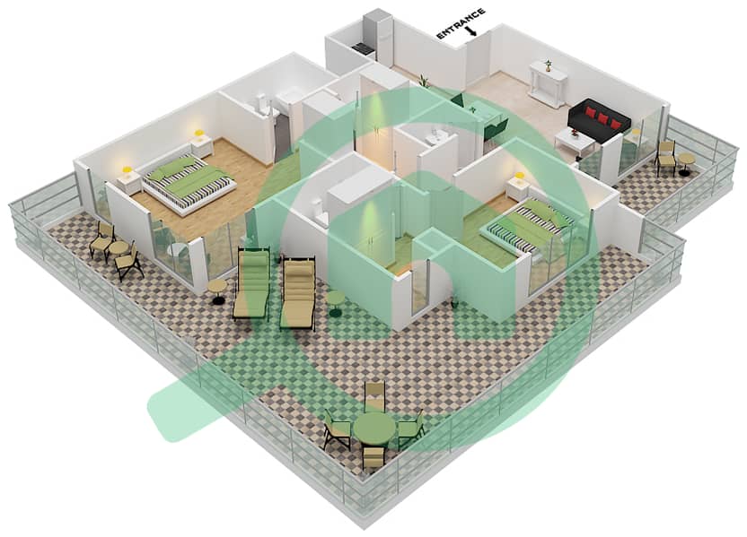 المخططات الطابقية لتصميم النموذج B1 شقة 2 غرفة نوم - مساكن القناه المائية غرب interactive3D