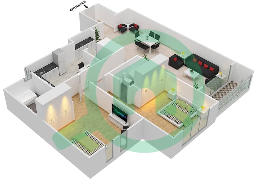 运河公寓西区 - 2 卧室公寓类型C1戶型图 interactive3D