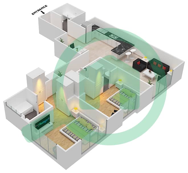 المخططات الطابقية لتصميم النموذج D1 شقة 2 غرفة نوم - مساكن القناه المائية غرب interactive3D