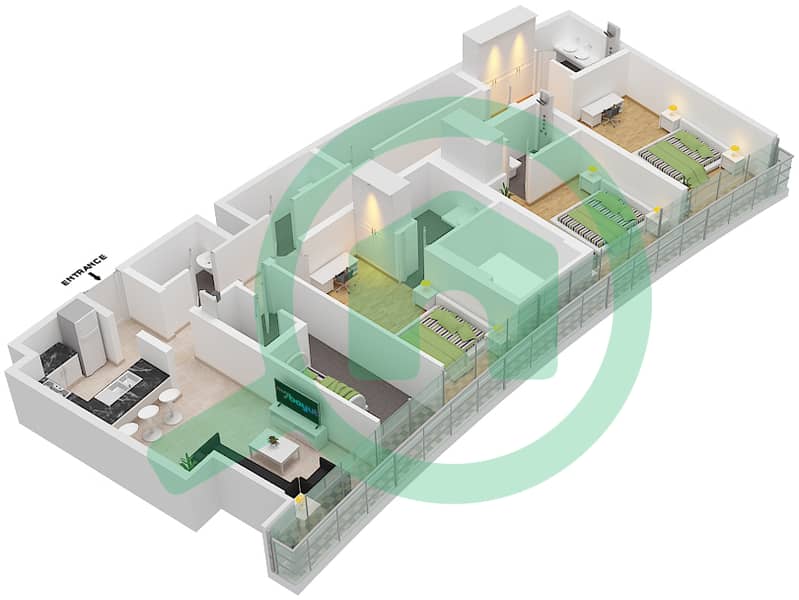 Севен Палм - Апартамент 3 Cпальни планировка Тип E FLOOR 1-4,6-14 Floor Mezzanine,1-4,6-14 interactive3D