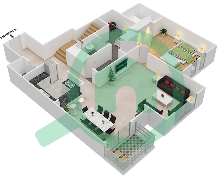 المخططات الطابقية لتصميم النموذج A شقة 3 غرف نوم - مساكن القناه المائية غرب Lower Floor interactive3D