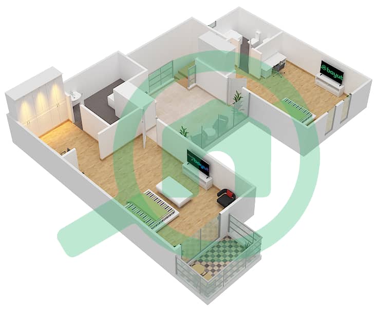 المخططات الطابقية لتصميم النموذج A شقة 3 غرف نوم - مساكن القناه المائية غرب Upper Floor interactive3D