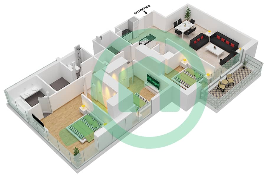 المخططات الطابقية لتصميم الوحدة 08 FLOOR 16-27,29,38 شقة 3 غرف نوم - آكت ون | آكت تو Floor 16-27,29,38 interactive3D