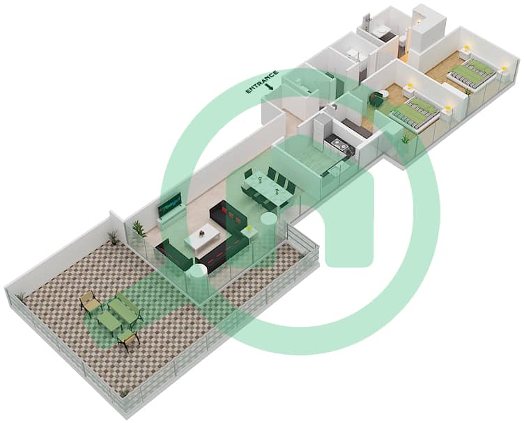 المخططات الطابقية لتصميم النموذج T-POOL DECK شقة 2 غرفة نوم - جولف فيستا Pool Deck interactive3D