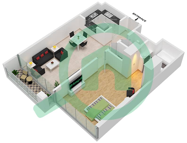 滨江公寓 - 1 卧室公寓单位5-FLOOR 1戶型图 Floor 1 interactive3D
