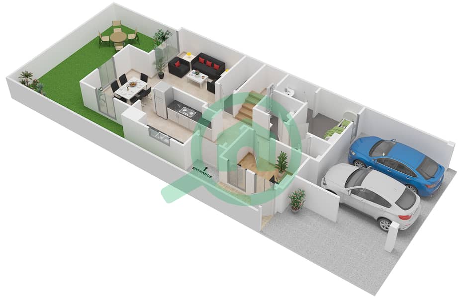 المخططات الطابقية لتصميم النموذج E تاون هاوس 2 غرفة نوم - سعديات لاغونز Ground Floor interactive3D