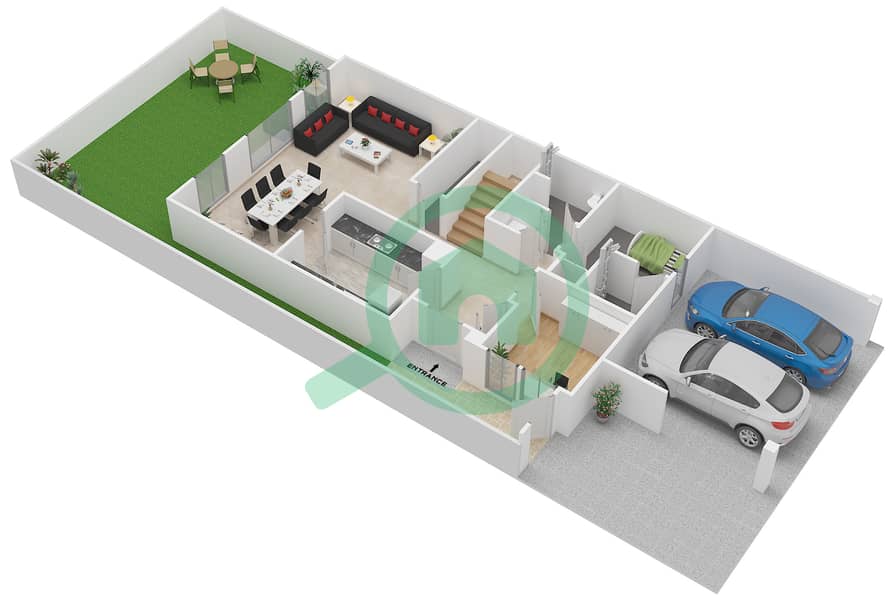 المخططات الطابقية لتصميم النموذج M تاون هاوس 3 غرف نوم - سعديات لاغونز Ground Floor interactive3D
