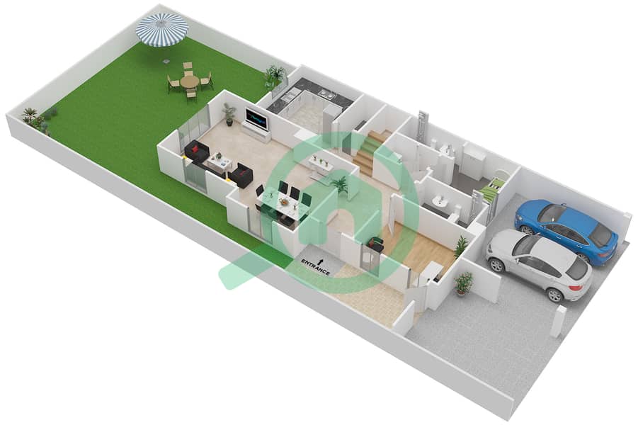 萨迪亚特湖住宅区 - 3 卧室联排别墅类型E戶型图 Ground Floor interactive3D