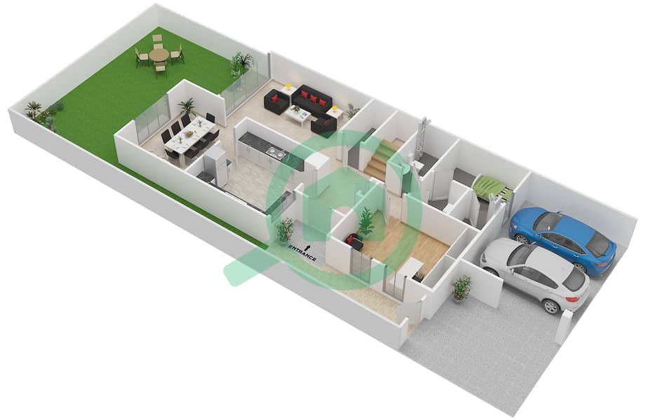 المخططات الطابقية لتصميم النموذج M تاون هاوس 4 غرف نوم - سعديات لاغونز Ground Floor interactive3D