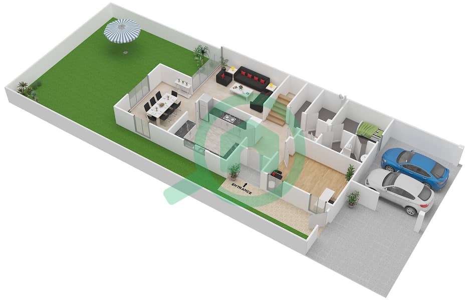 المخططات الطابقية لتصميم النموذج E تاون هاوس 4 غرف نوم - سعديات لاغونز Ground Floor interactive3D