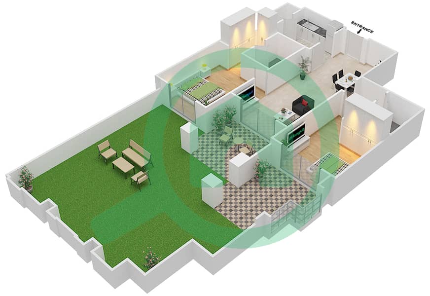 المخططات الطابقية لتصميم الوحدة 2 GROUND FLOOR شقة 2 غرفة نوم - زعفران 1 Ground Floor interactive3D