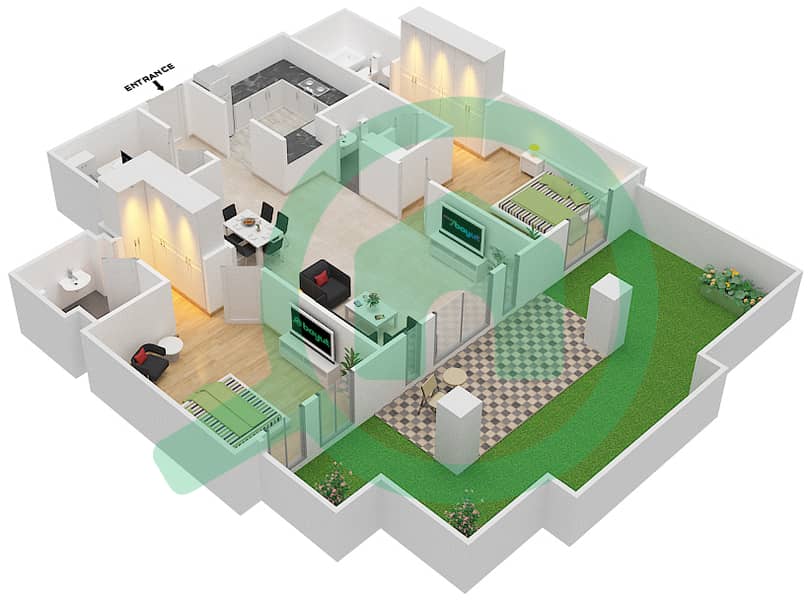 المخططات الطابقية لتصميم الوحدة 3 GROUND FLOOR شقة 2 غرفة نوم - زعفران 1 Ground Floor interactive3D