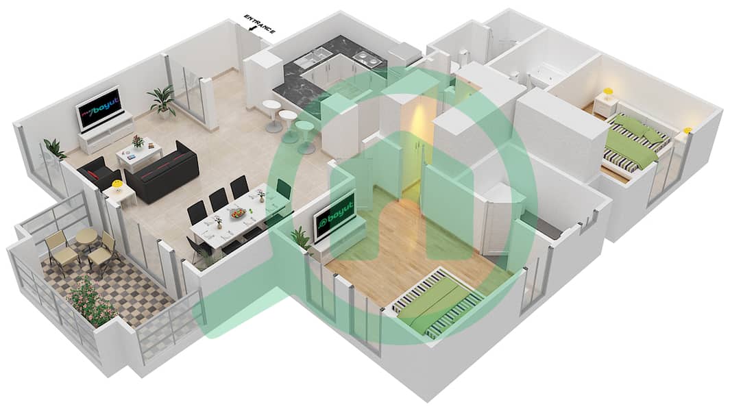 المخططات الطابقية لتصميم الوحدة 4 FLOOR 2-3 شقة 2 غرفة نوم - زعفران 1 Floor 2-3 interactive3D