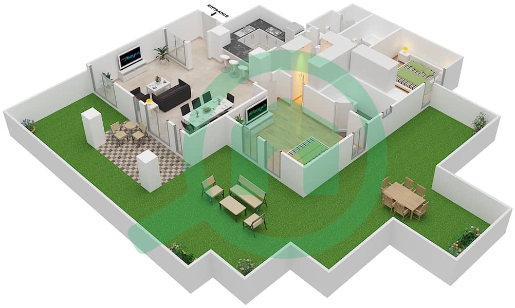 المخططات الطابقية لتصميم الوحدة 4 GROUND FLOOR شقة 2 غرفة نوم - زعفران 1 Ground Floor interactive3D