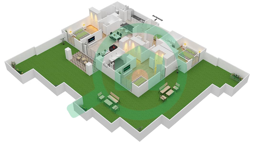 المخططات الطابقية لتصميم الوحدة 5 GROUND FLOOR شقة 3 غرف نوم - زعفران 1 Ground Floor interactive3D
