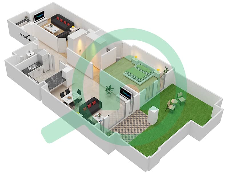 المخططات الطابقية لتصميم الوحدة 6 GROUND FLOOR شقة 1 غرفة نوم - زعفران 1 Ground Floor interactive3D