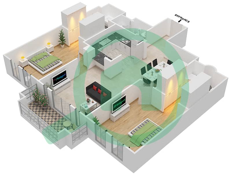 المخططات الطابقية لتصميم الوحدة 8 FLOOR 1-3 شقة 2 غرفة نوم - زعفران 1 Floor 1-3 interactive3D
