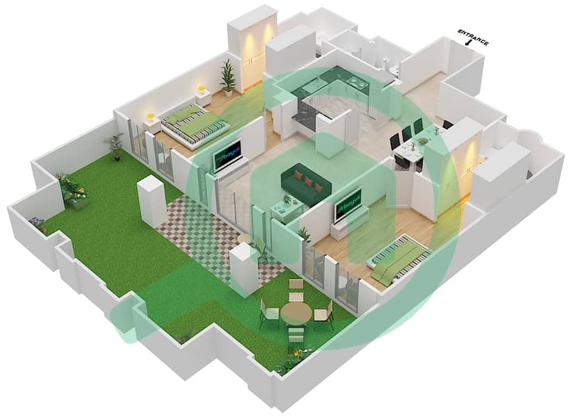 المخططات الطابقية لتصميم الوحدة 8 GROUND FLOOR شقة 2 غرفة نوم - زعفران 1 Ground Floor interactive3D