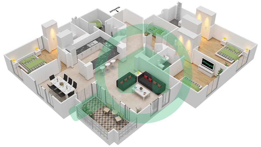 المخططات الطابقية لتصميم الوحدة 9 FLOOR 1-4 شقة 3 غرف نوم - زعفران 1 Floor 1-4 interactive3D