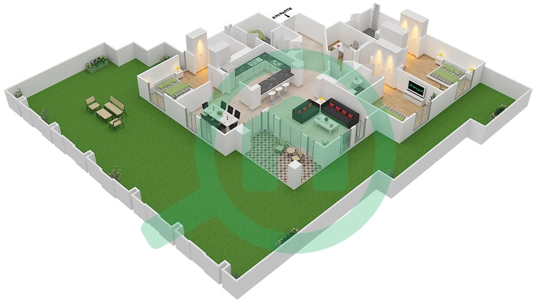 المخططات الطابقية لتصميم الوحدة 9 GROUND FLOOR شقة 3 غرف نوم - زعفران 1 Ground Floor interactive3D