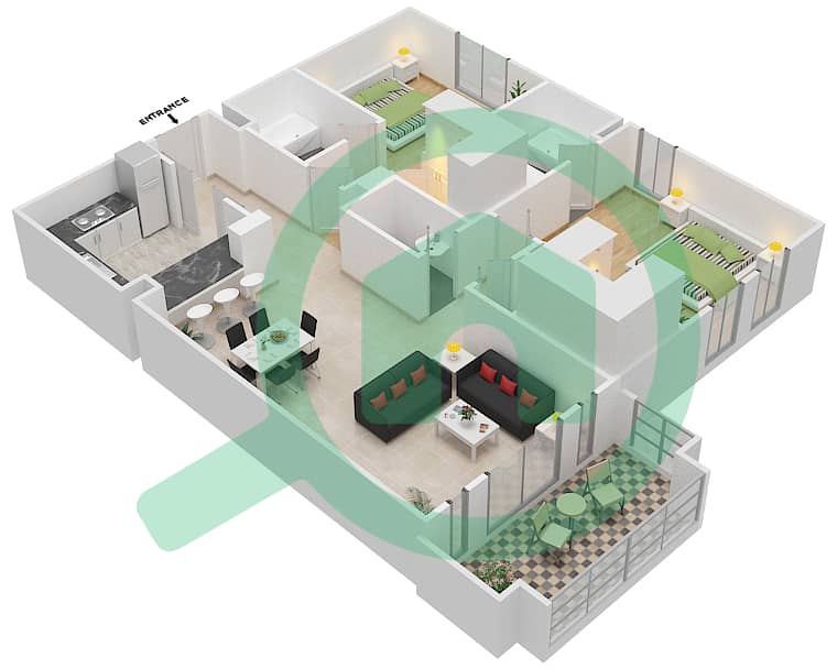 المخططات الطابقية لتصميم الوحدة 10 FLOOR 1-4 شقة 2 غرفة نوم - زعفران 1 Floor 1-4 interactive3D