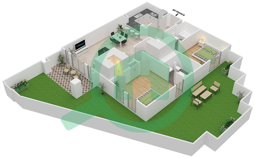 المخططات الطابقية لتصميم الوحدة 10 GROUND FLOOR شقة 2 غرفة نوم - زعفران 1 Ground Floor interactive3D