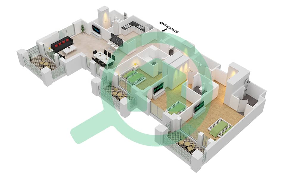 المخططات الطابقية لتصميم النموذج A, FLOOR 3-8 (ASAYEL 1) شقة 3 غرف نوم - أصايل Floor 3-8 interactive3D