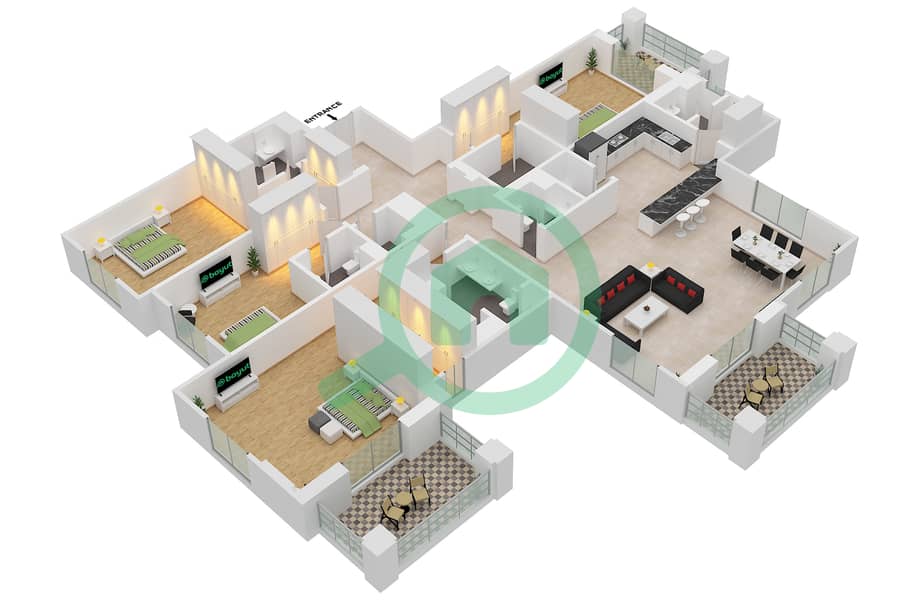 المخططات الطابقية لتصميم النموذج E, FLOOR 4-9 (ASAYEL 1) شقة 4 غرف نوم - أصايل Floor 4-9 interactive3D