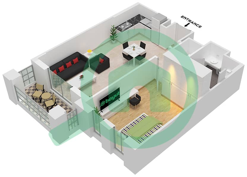 Асайель - Апартамент 1 Спальня планировка Тип 1A (ASAYEL 2) Floor 1-7 interactive3D