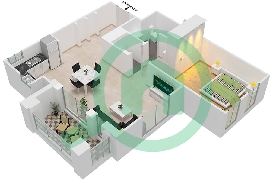 Асайель - Апартамент 1 Спальня планировка Тип C (ASAYEL 2) Floor 1-6 interactive3D