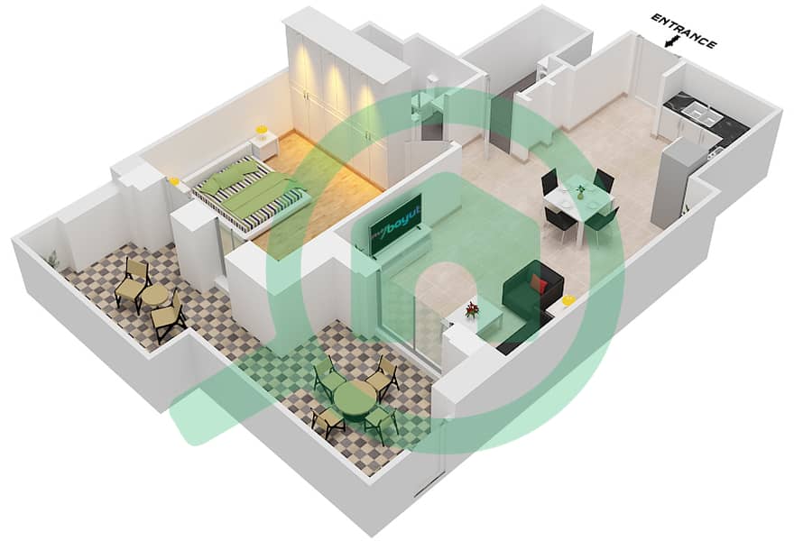 المخططات الطابقية لتصميم النموذج 1D (ASAYEL 2) شقة 1 غرفة نوم - أصايل Floor G interactive3D