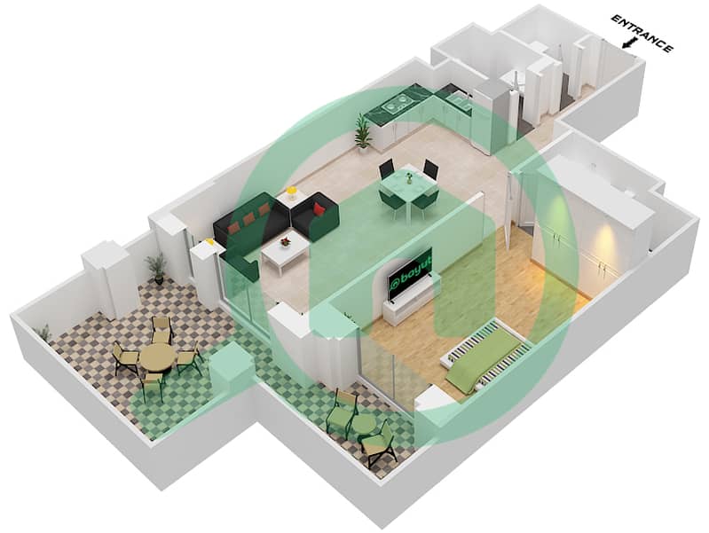 المخططات الطابقية لتصميم النموذج 1E (ASAYEL 2) شقة 1 غرفة نوم - أصايل Floor G interactive3D