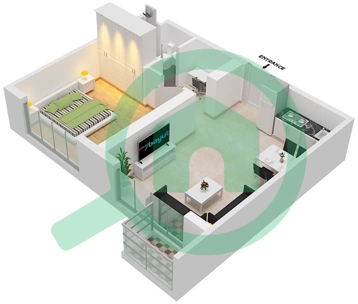 المخططات الطابقية لتصميم النموذج / الوحدة E2/3  FLOOR 21 شقة 1 غرفة نوم - أبراج التنين interactive3D