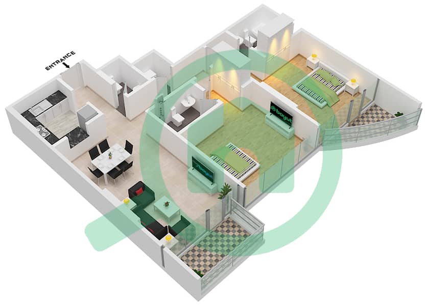 滨江公寓 - 2 卧室公寓单位8-FLOOR 2戶型图 Floor 2 interactive3D