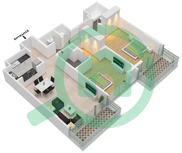 滨江公寓 - 2 卧室公寓单位2-FLOOR3-15戶型图 Floor3-15 interactive3D